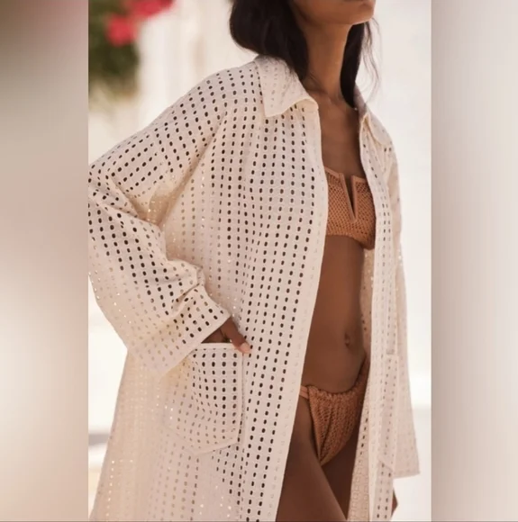 Anthropologie Eyelet Long Cream Swim Cover-Up - Picture 1 of 12